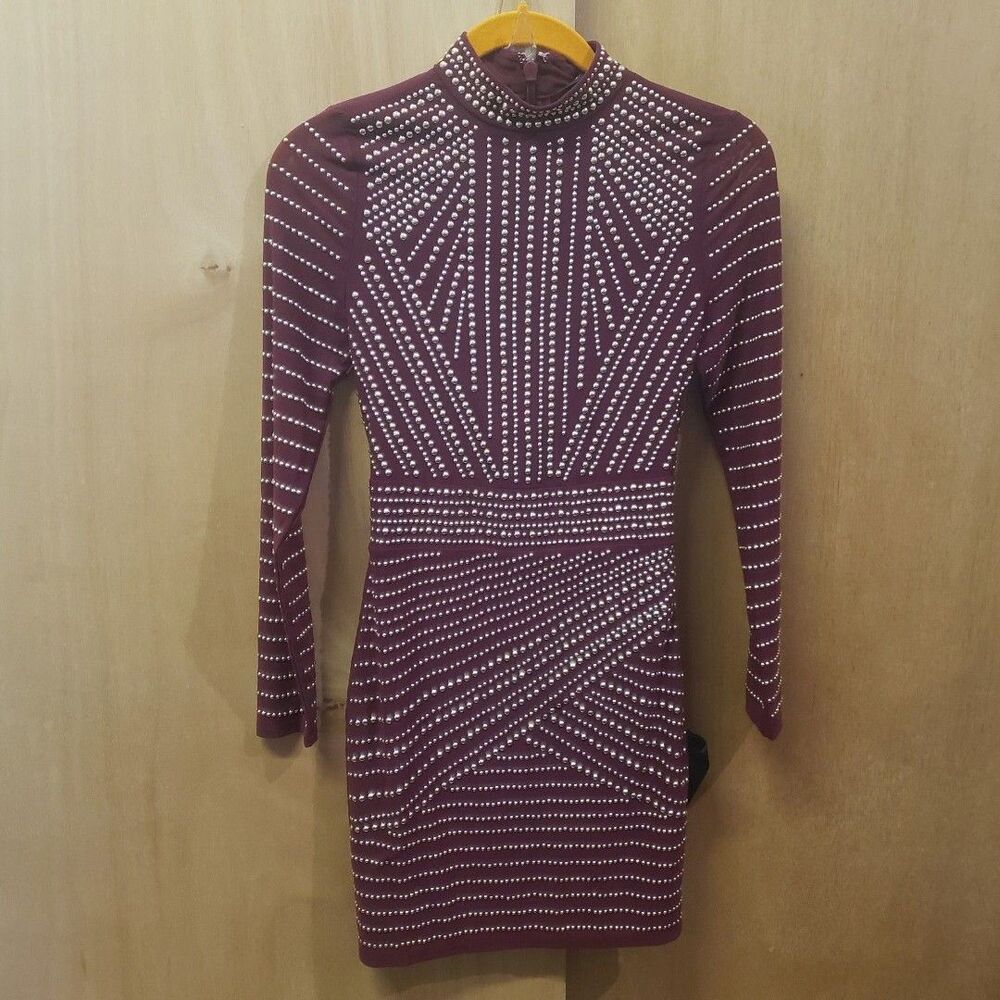 NWT Marciano by Guess Stella burgundy mesh mini dress w silver stud detail Sz 4 - Picture 3 of 9